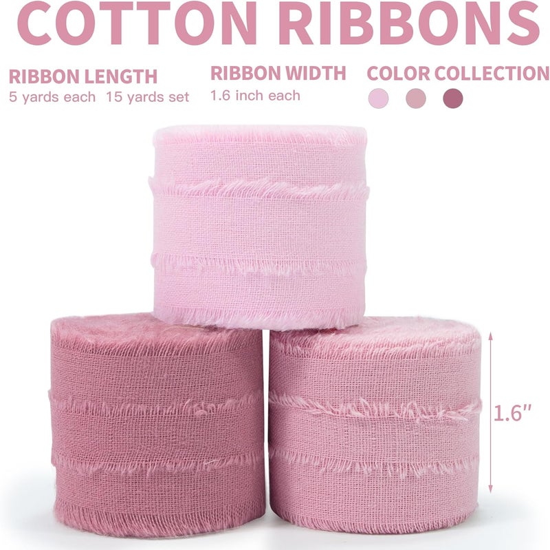 Keypan Dusty Rose Pink Ribbon 1-1/2 x 15 Yards Handmade Cotton Frayed Fringe Fabric Ribbons for Crafts Flower Bouquets Wedding Baby Shower Home DIY Decor - Image 2